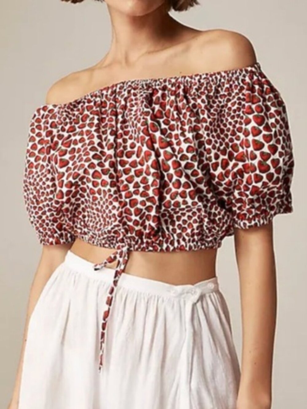 J Crew Cotton Cinched Waist Cropped Top Strawberry Swirl Size Medium NWT